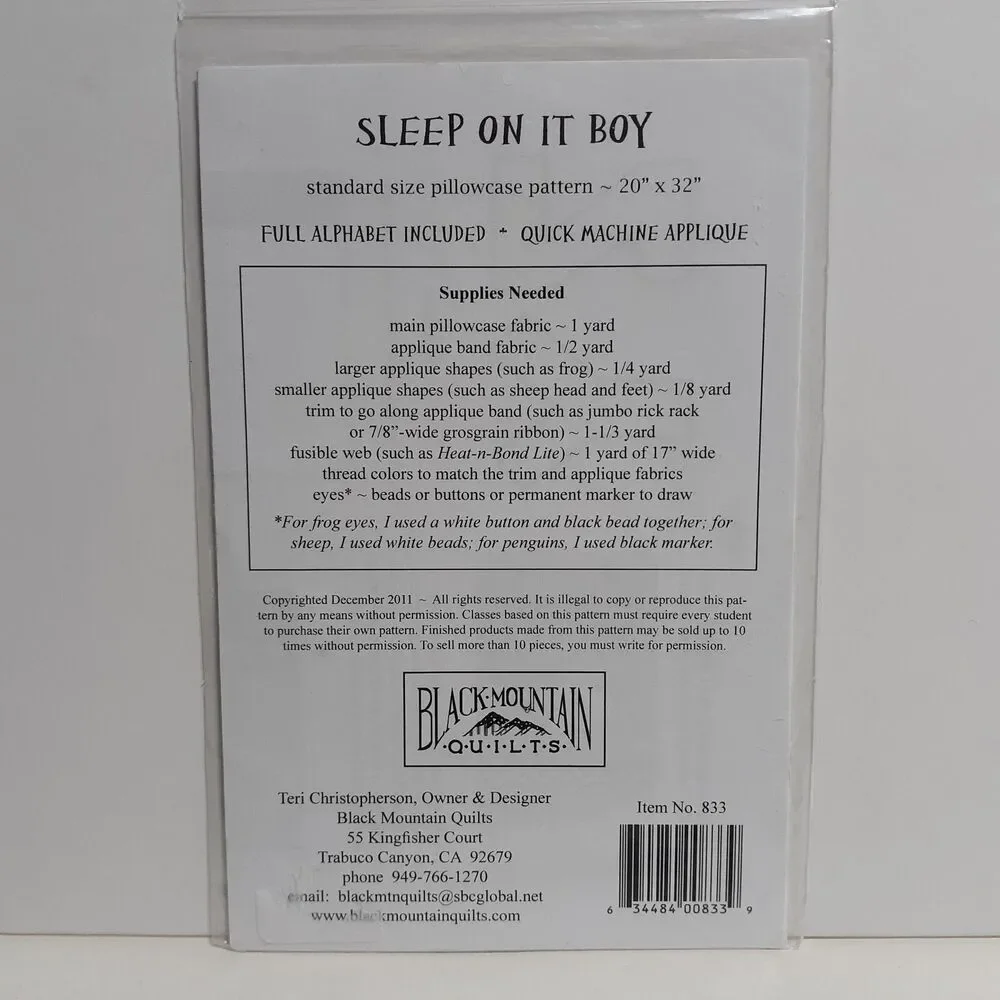 New Penguin Sheep Frog Pillowcase Applique Pattern Black Mountain Quilts #833